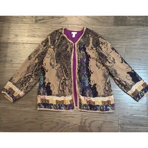 Chico's Tan Paisley Print Pleated Open Front Jacket Cardigan Purple Lined Size 2